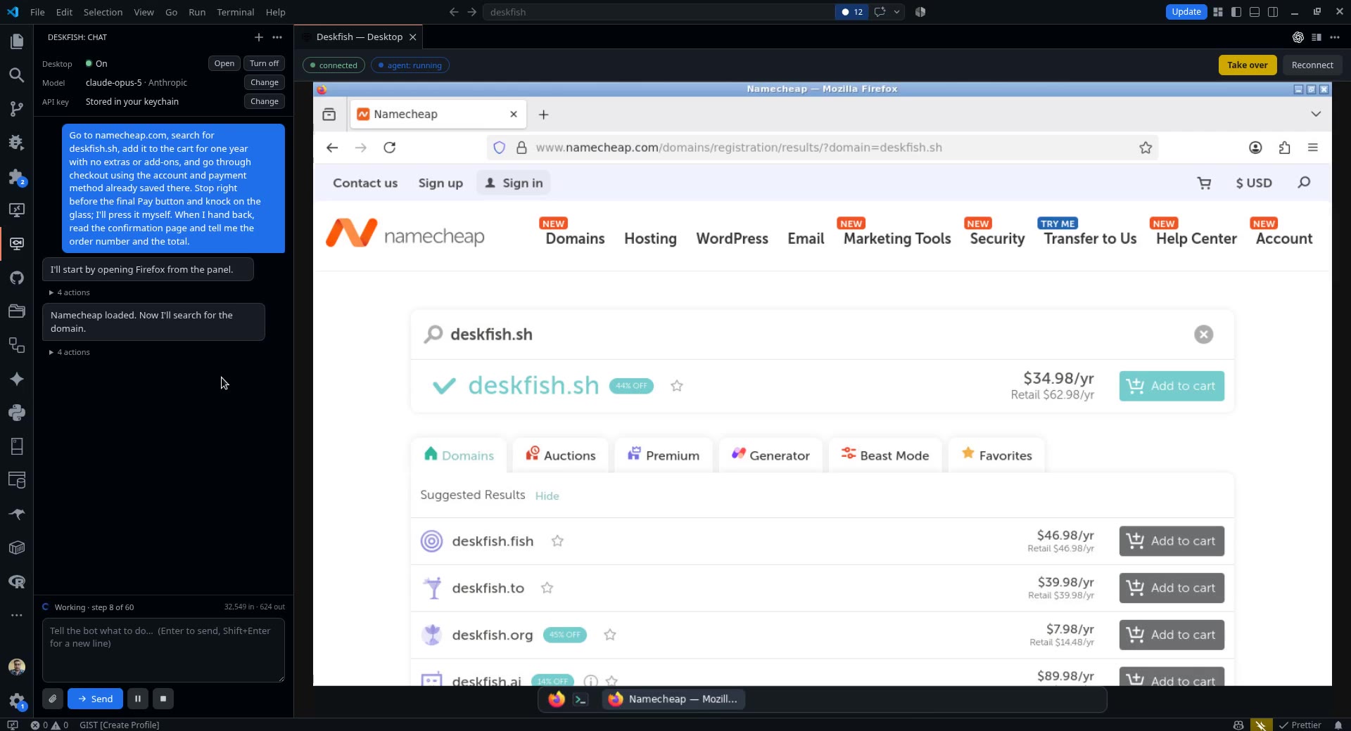 Deskfish in VS Code: Namecheap in its own desktop, showing deskfish.sh available at $34.98 a year