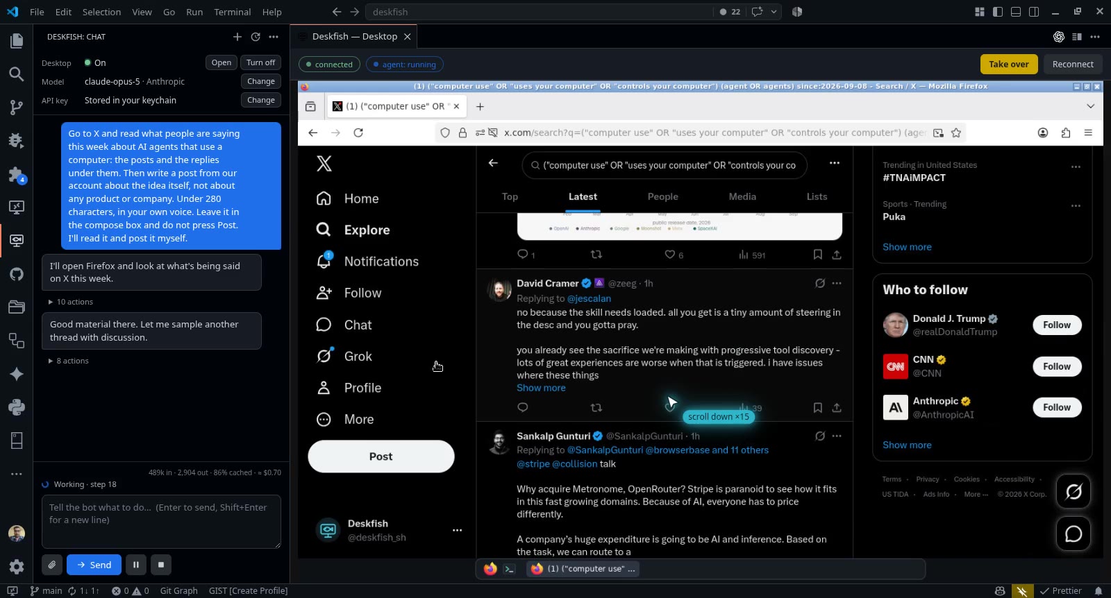 Deskfish in VS Code: the chat on the left, and in its own desktop Firefox is open on an X search for computer-use agents