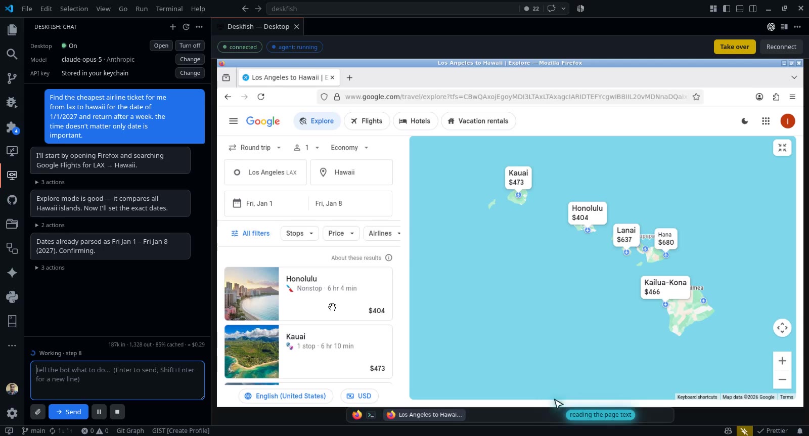 Deskfish in VS Code: Google Flights in its own desktop with prices for every Hawaiian island on a map